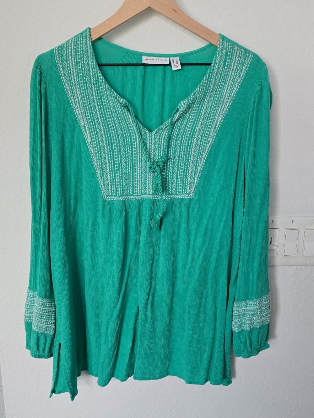 Susan Graver Embroidered Crinkle Gauze Peasant Tunic - Teal/White - 2X EUC